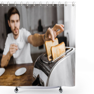 Personality  Close-up Shot Of Young Man Drinking Coffee And Taking Toast From Toaster Shower Curtains