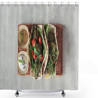 Personality  Top View Of Falafel With Tortillas, Cherry Tomatoes And Germinated Seeds Of Sunflower Served On Wooden Board On Grey Surface Shower Curtains