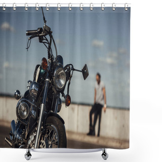 Personality  Selective Focus Of Classical Chopper Motorbike And Man On Background Shower Curtains