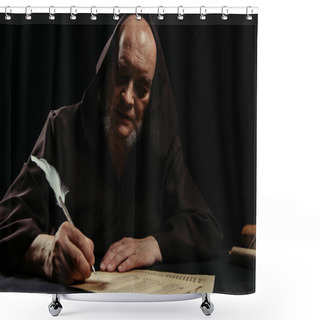 Personality  Priest In Dark Hooded Cassock Writing Manuscript At Night Isolated On Black Shower Curtains