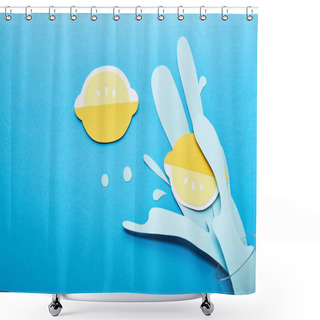 Personality  Top View Of Paper Cut Water Splash With Lemons Near Glass On Blue Background Shower Curtains