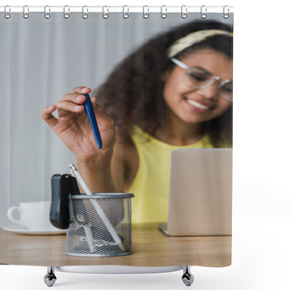 Personality  Selective Focus Of Pen Holder And Happy African American Woman Taking Pen While Using Laptop   Shower Curtains