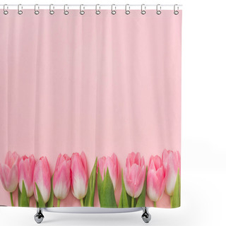 Personality  Pink Tulips Arranged In Row On Pink Background With Copy Space Shower Curtains