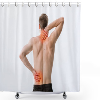 Personality  Back View Of Shirtless Sportsman With Neck Pain And Backache Isolated On Grey Shower Curtains