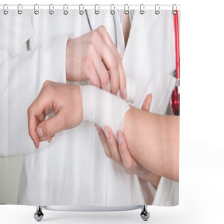 Personality  Doctor Putting Bandage On Wrist Shower Curtains