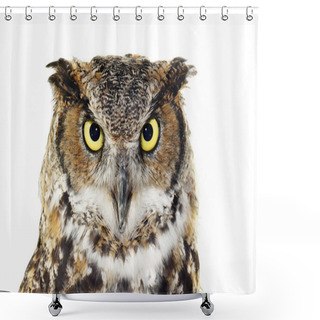 Personality  Close-up Of A Great Horned Owl On White Shower Curtains