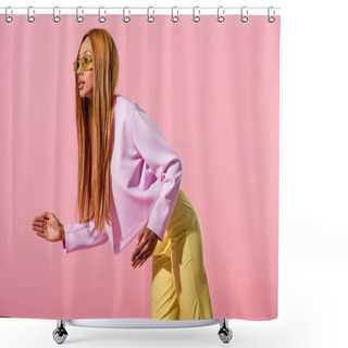 Personality  Stylish, Blonde African American Woman Stepping Isolated On Pink, Fashion Doll Concept Shower Curtains