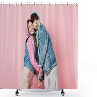 Personality  Teen Couple Holding Hands Isolated On Pink Shower Curtains