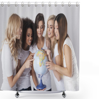 Personality  Women With A Globe Shower Curtains