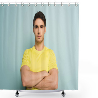 Personality  Serious Muscular Sportsman With Crossed Arms On Blue Shower Curtains