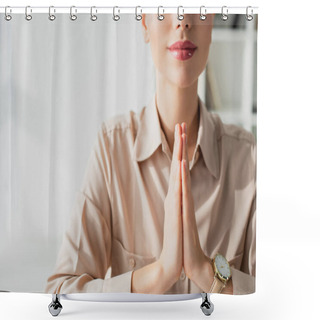 Personality  Cropped View Of Businesswoman Meditating With Namaste Gesture In Office Shower Curtains