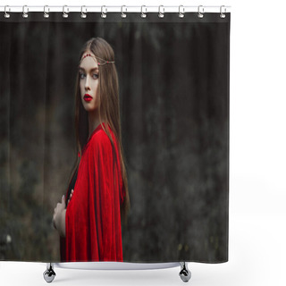 Personality  Beautiful Girl In Red Cloak And Elegant Wreath In Woods Shower Curtains
