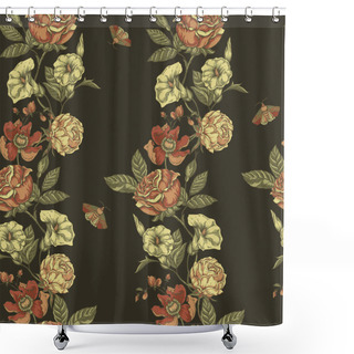 Personality  Vintage Floral Seamless Pattern. Blooming Dark Flowers, Victorian Wildflowers With Moth Shower Curtains
