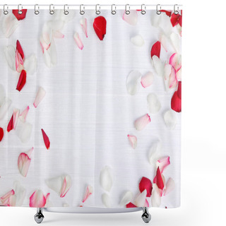 Personality  Petals Of Roses On White Wooden Background. Shower Curtains