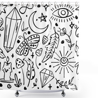 Personality  Hand Drawn Mystical Motifs Monochrome Vector Seamless Pattern Shower Curtains