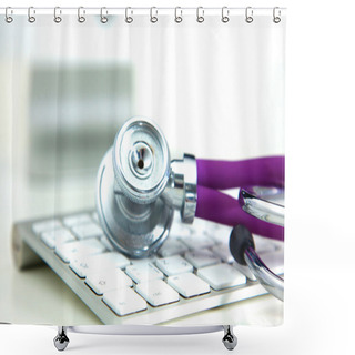 Personality  Silver Stethoscope Lying On A Keyboard, Isolated Shower Curtains