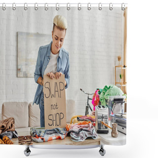 Personality  Mindful Consumerism, Pleased Tattooed Woman Smiling Next To Swap Not Shop Card, Second-hand Items, Electric Toaster, Vinyl Record Player And Cezve, Sustainable Living And Circular Economy Concept Shower Curtains