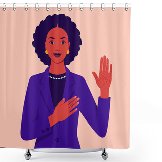 Personality  African Woman Swears An Oath. Happy Girl  Makes Sincere Promise, Keeps One Hand On Heart, Raises Palm, Demonstrates Loyalty Gesture Being Honest. Vector Flat Illustration Shower Curtains