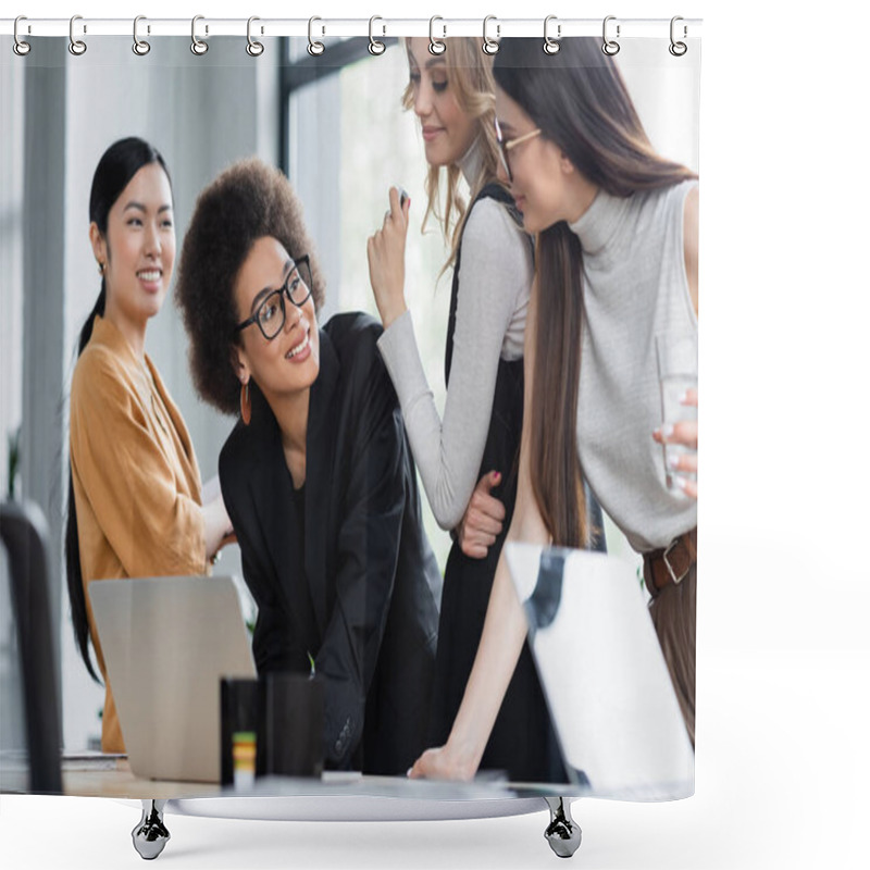 Personality  African American Businesswoman Smiling Near Multiethnic Colleagues Near Laptop In Office Shower Curtains