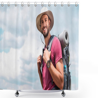 Personality  Smiling Traveler In Hat With Backpack And Tourist Mat, With Cloudy Sky Background Shower Curtains
