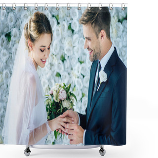 Personality  Handsome And Smiling  Bridegroom Putting Wedding Ring On Finger  Shower Curtains