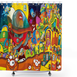 Personality  Cartoon Scenes With Some Funny Looking Aliens In The City And Flying Ufo Ships - White Background - Illustration For Children Shower Curtains