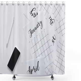 Personality  Flat Lay With Calendar, Smartphone And Pencil Isolated On White Shower Curtains