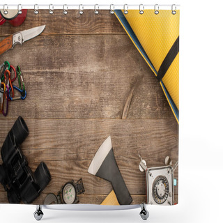 Personality  Top View Of Yellow Roll Mat And Hiking Equipment On Wooden Table Shower Curtains