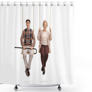 Personality  Elderly Man And An Elderly Woman Sitting On Swings Shower Curtains