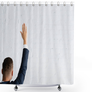 Personality  Back View Of Man Voting With Raised Hand Against White Brick Wall Shower Curtains