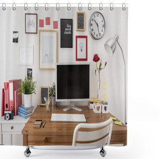 Personality  Designed Workspace With Desktop Computer  Shower Curtains