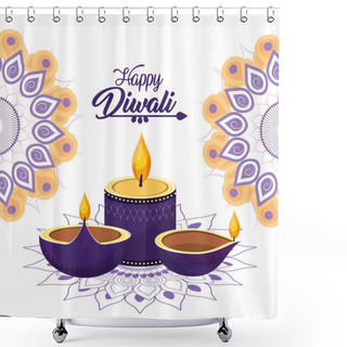 Personality  Diwali Candle And Vessels Lits With Mandalas Vector Illustration Shower Curtains