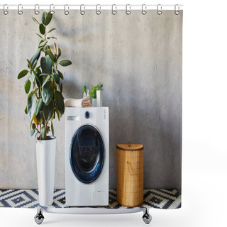 Personality  Green Plants, Towel And Bottles On Washing Machine Near Laundry Basket And Ornamental Carpet In Bathroom  Shower Curtains