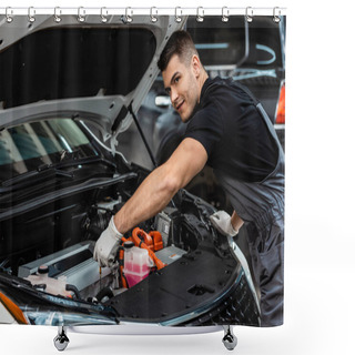 Personality  Handsome Mechanic Checking Engine Oil Level And Looking Away Shower Curtains
