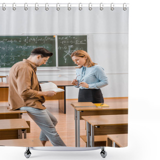 Personality  Male Student Holding Book Near Female Teacher In Classroom Shower Curtains