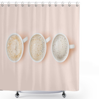Personality  Set Of Coffee Cups Assortment On Pale Pink Background. Flat Lay, Top View Collection Shower Curtains