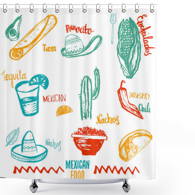 Personality  Vintage Mexican Food Isolated Objects With Lettering. Mexican Food Tacos, Burritos, Nachos. Mexican Kitchen. Can Be Used For Restaurant, Cafe Wrapping. Shower Curtains