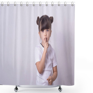 Personality  Shhh Sign. Young Girl Showing Shh Gesture To Keep A Silent. Girl In Template White T Shirt Keep A Secret. Copy Space  Shower Curtains