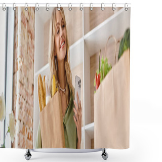 Personality  Woman In Kitchen Holding Bag Full Of Fries Shower Curtains