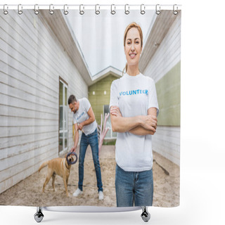 Personality  Volunteer Of Animals Shelter Playing With Labrador Dog, Woman Looking At Camera Shower Curtains