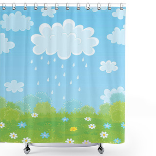 Personality  Funny Plump Rain Cloud With Dripping Raindrops Over A Green Field With Beautiful Flowers On A Pretty Summer Rainy Day, Vector Cartoon Illustration Shower Curtains