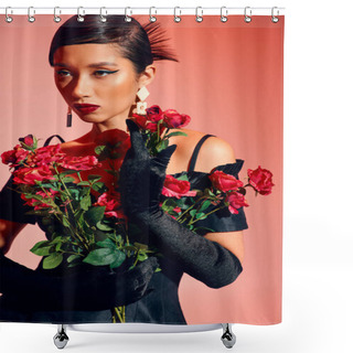 Personality  Charming And Trendy Asian Woman With Bold Makeup, In Trendy Earrings, Long Gloves And Black Cocktail Dress Posing With Red And Fresh Roses On Pink Background, Generation Z, Trendy Spring Concept Shower Curtains