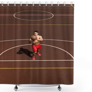 Personality  Overhead View Of Sexy Shirtless Mixed Race Basketball Player With Ball At Basketball Court Shower Curtains