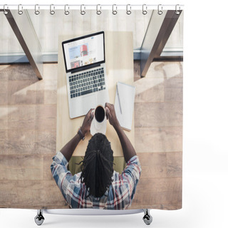 Personality  Overhead View Of African American Man Drinking Coffee And Using Laptop With Ebay Website Shower Curtains