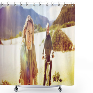 Personality  Carefree Couple Going On A Bike Ride On The Beach On A Bright But Cool Day Shower Curtains