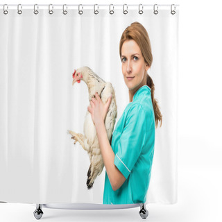 Personality  Side View Of Veterinarian In Uniform Holding Chicken Isolated On White Shower Curtains