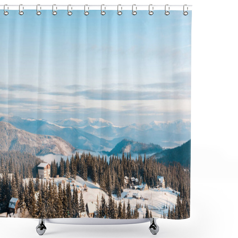 Personality  scenic view of small village in snowy mountains with pine trees at sunlight shower curtains
