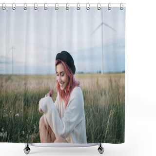Personality  Pretty Girl With Pink Hair In White Sweater And Hat Sitting In Field With Windmills Shower Curtains