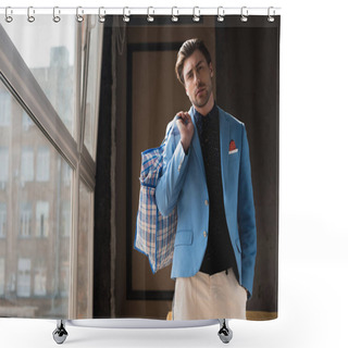 Personality  Stylish Young Man With Vintage Zippered Duffle Bag On Shoulder Shower Curtains