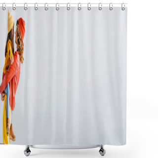 Personality  Side View Of Mother In Colorful Red And Yellow Outfit Holding Daughter Isolated On Grey, Panoramic Shot Shower Curtains